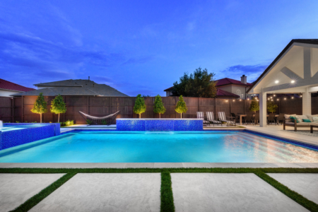 Lit up light blue pool