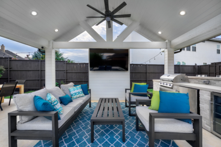 Blue and grey outdoor chairs in an outdoor space