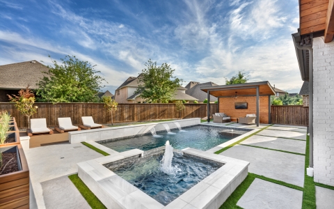Stunning geometric pool with cantilever cover