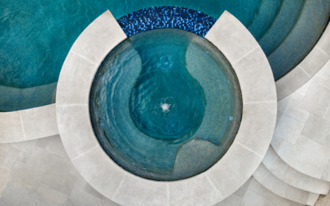 Aerial overhead view of a fountain and a spa