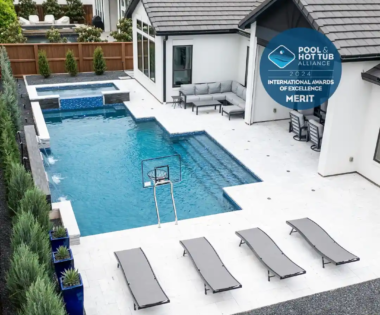 Outdoor pool with a basketball hoop