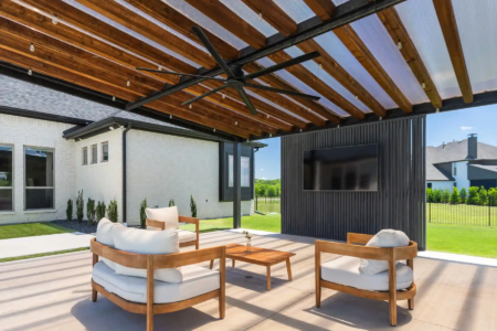 Outdoor chairs and fireplace